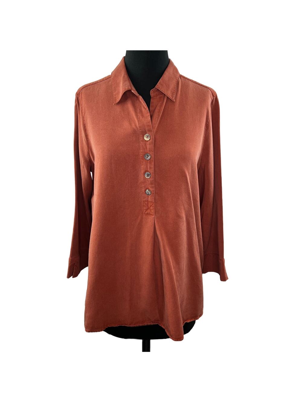 Soft Surroundings Orange Blouse Tencel Back-Button Collared Side Slit Large L